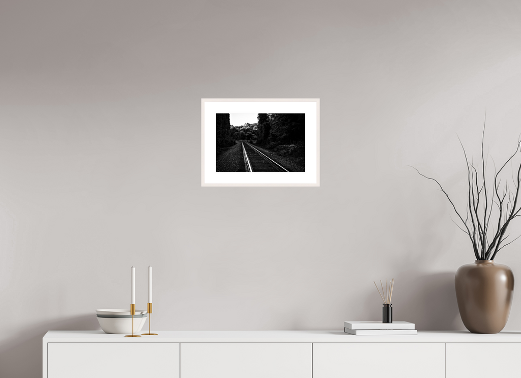 parallel paths monochrome railroad wall art photography