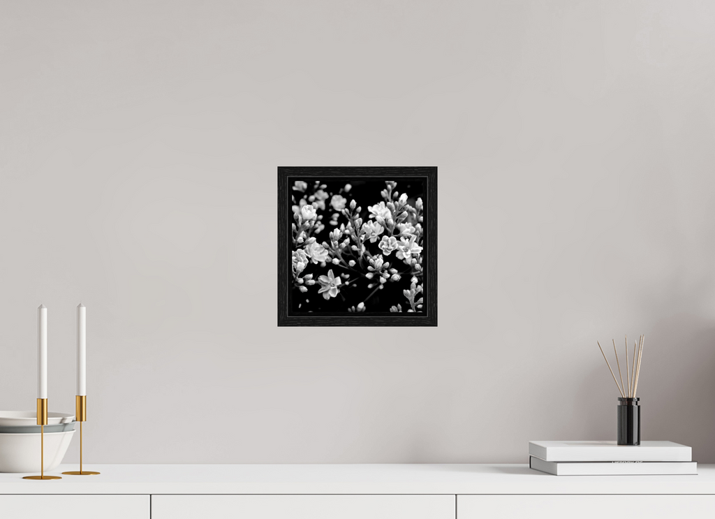 8 x 8″, Floater Frame Midnight Blossoms black and white floral fine art print