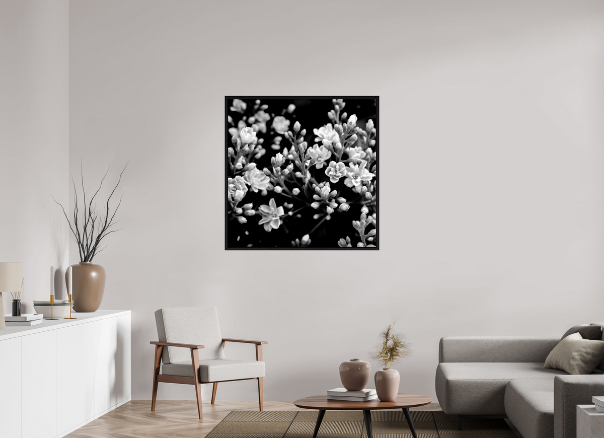 40 x 40″, Floater Frame Midnight Blossoms black and white floral fine art print