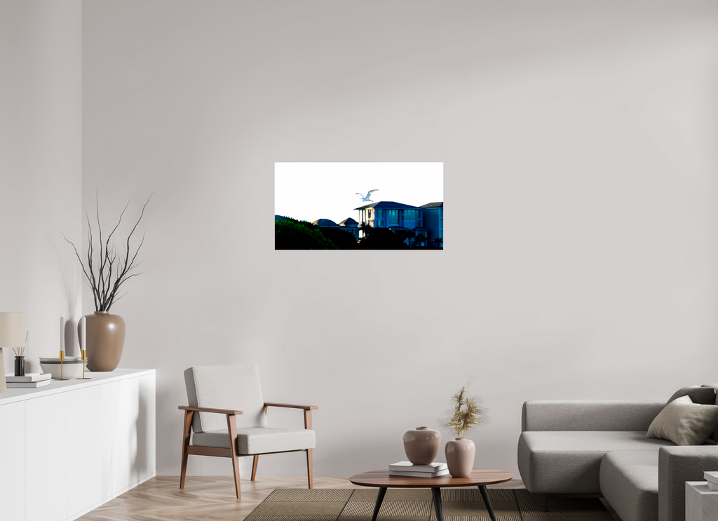 38.5 x 20″, Photo Print Under Acrylic Glass White Egret Flying Over Coastal Beach House