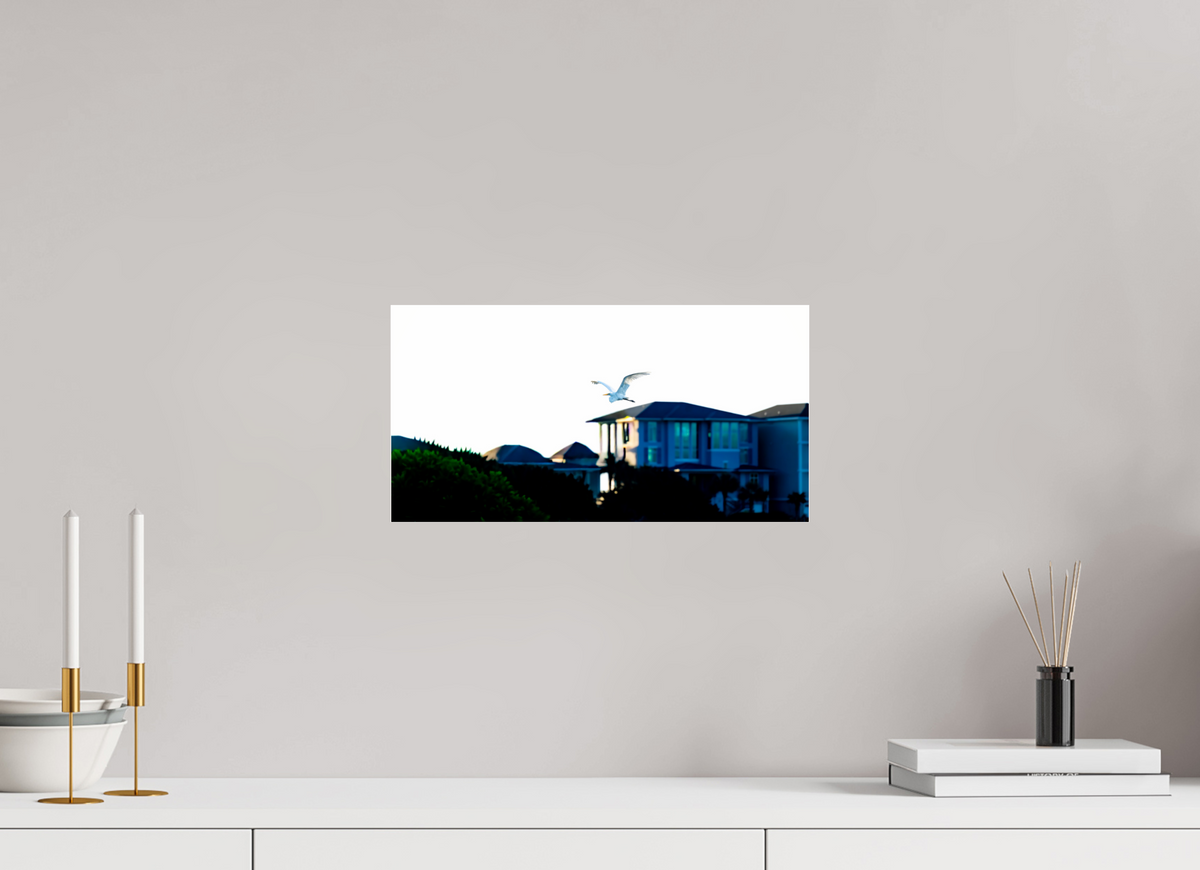 15.4 x 8″, Photo Print Under Acrylic Glass White Egret Flying Over Coastal Beach House