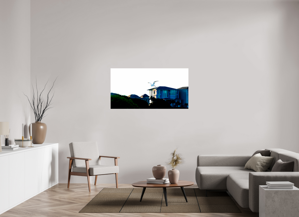 53.9 x 28″, Photo Print Under Acrylic Glass White Egret Flying Over Coastal Beach House