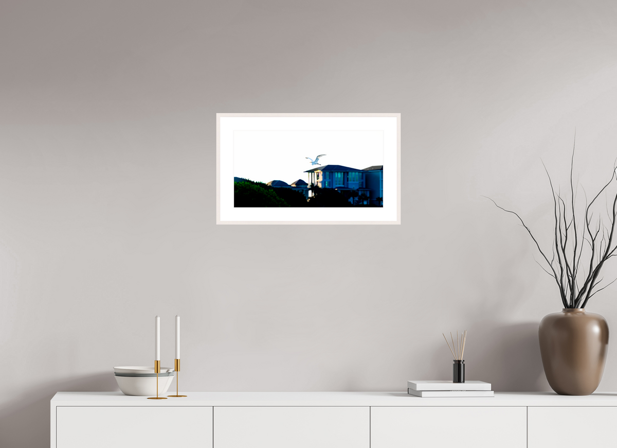 21.1 x 11″, Changeable Magnetic Frame White Egret Flying Over Coastal Beach House