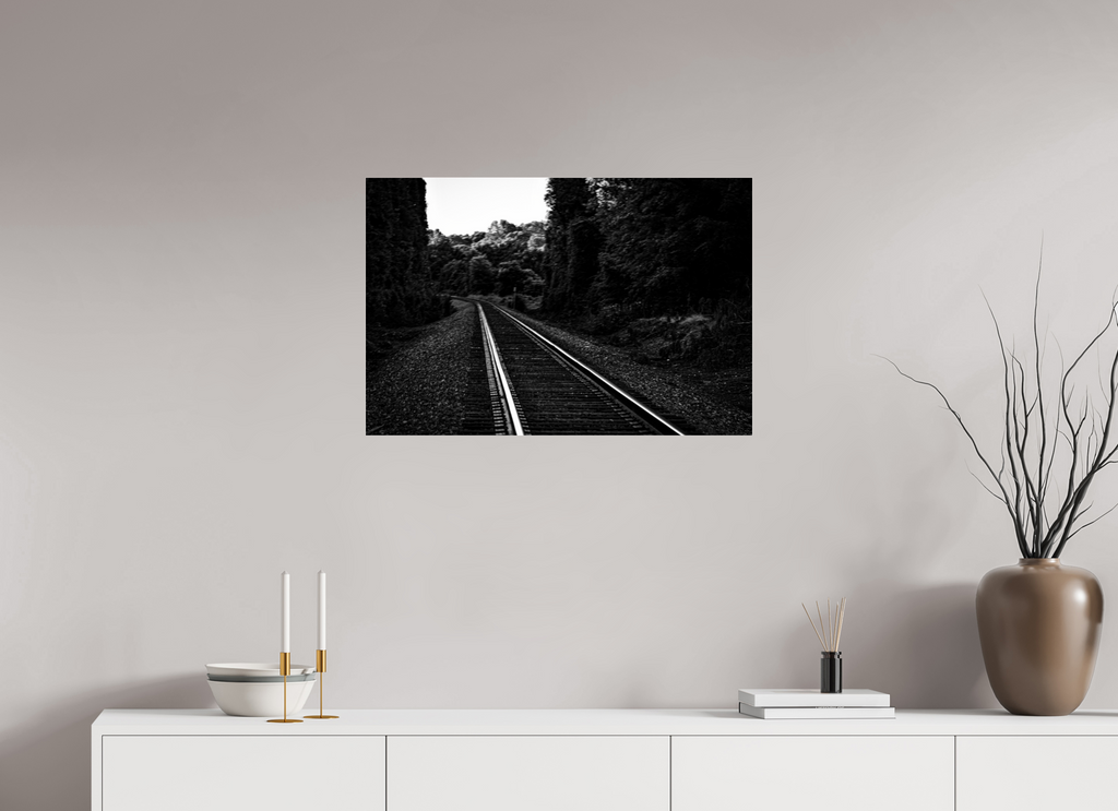 parallel paths monochrome railroad wall art photography