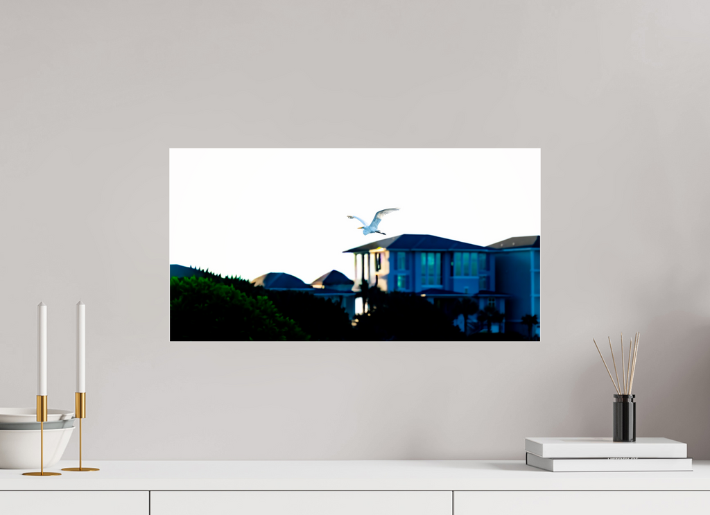 23.1 x 12″, Photo Print Under Acrylic Glass White Egret Flying Over Coastal Beach House