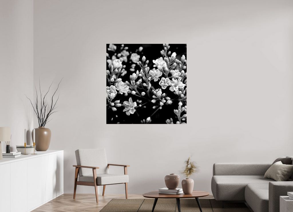 45 x 45″, Photo Print Under Acrylic Glass Midnight Blossoms black and white floral fine art print