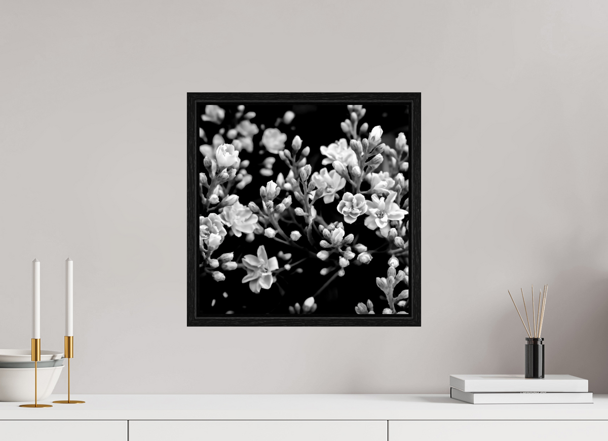 15 x 15″, Floater Frame Midnight Blossoms black and white floral fine art print
