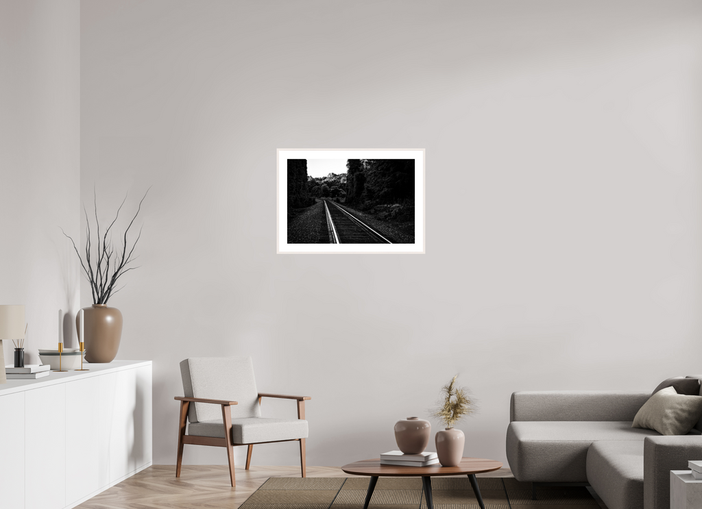 parallel paths monochrome railroad wall art photography