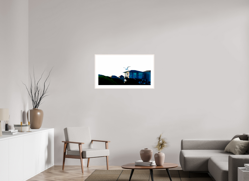 34.6 x 18″, Changeable Magnetic Frame White Egret Flying Over Coastal Beach House