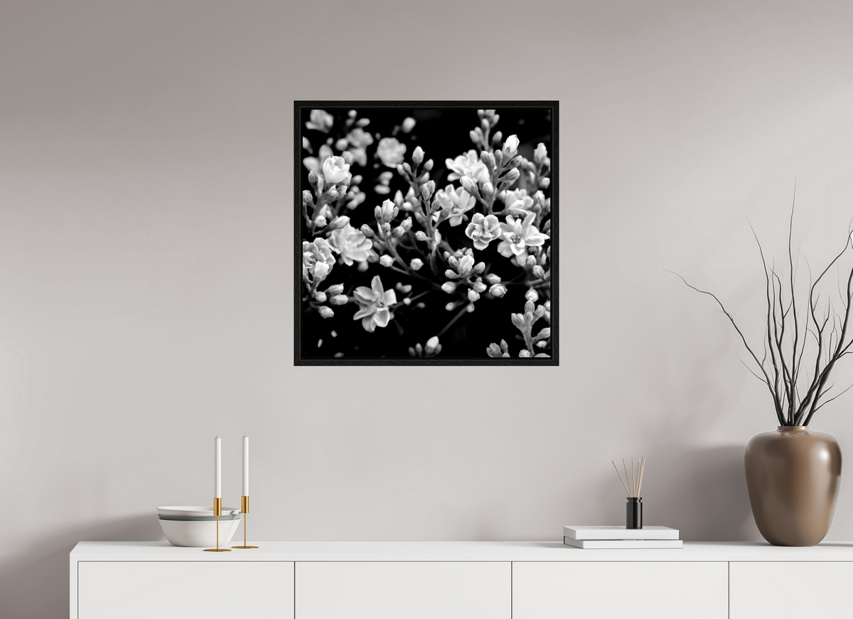 25 x 25″, Floater Frame Midnight Blossoms black and white floral fine art print