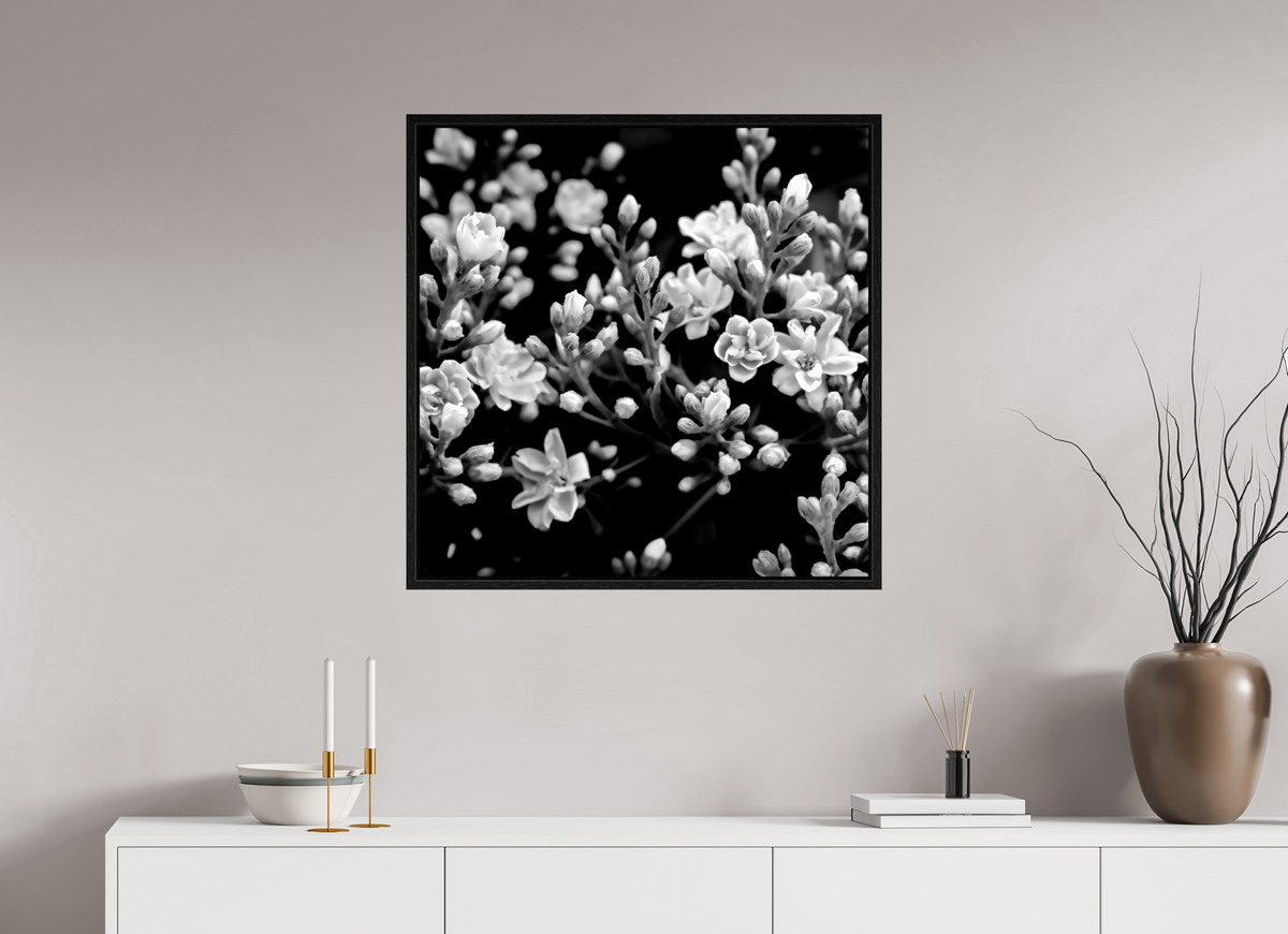 30 x 30″, Floater Frame Midnight Blossoms black and white floral fine art print