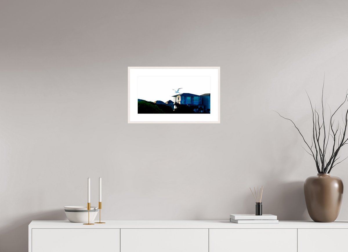 18.3 x 9.5″, Changeable Magnetic Frame White Egret Flying Over Coastal Beach House