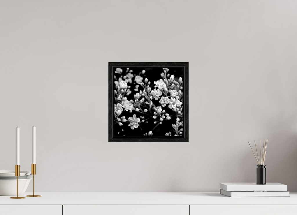 10 x 10″, Floater Frame Midnight Blossoms black and white floral fine art print