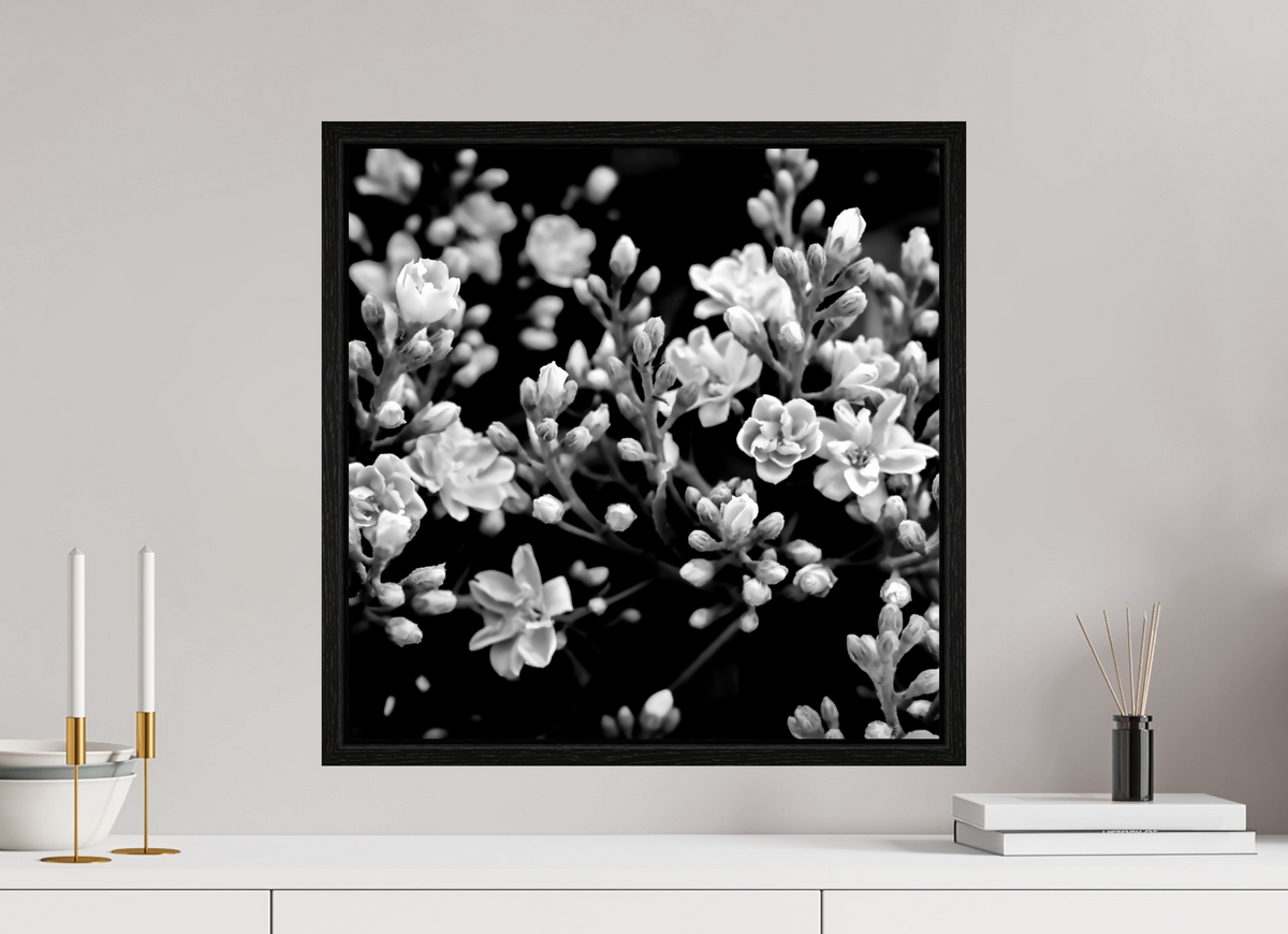 20 x 20″, Floater Frame Midnight Blossoms black and white floral fine art print