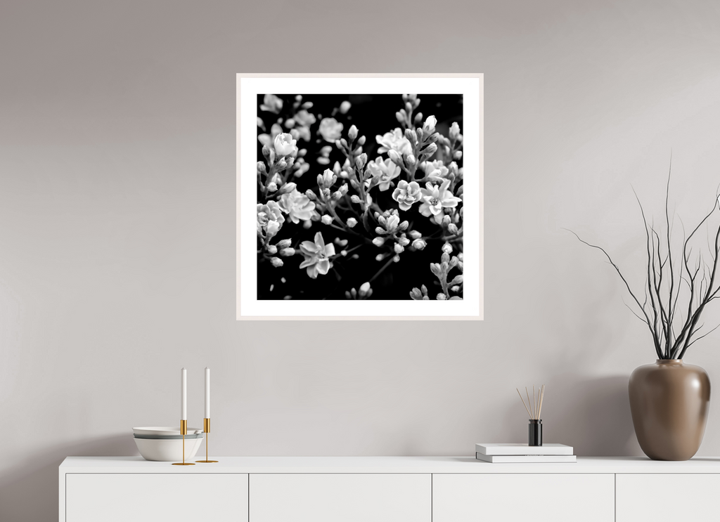 25 x 25″, Changeable Magnetic Frame Midnight Blossoms black and white floral fine art print