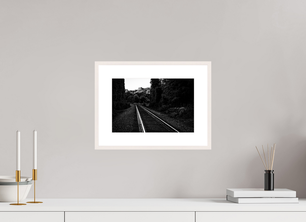 parallel paths monochrome railroad wall art photography