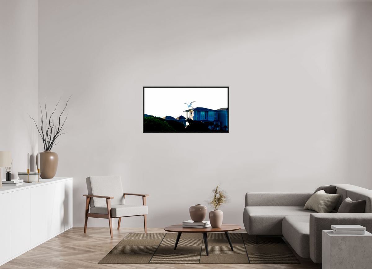 46.1 x 24″, Floater Frame White Egret Flying Over Coastal Beach House
