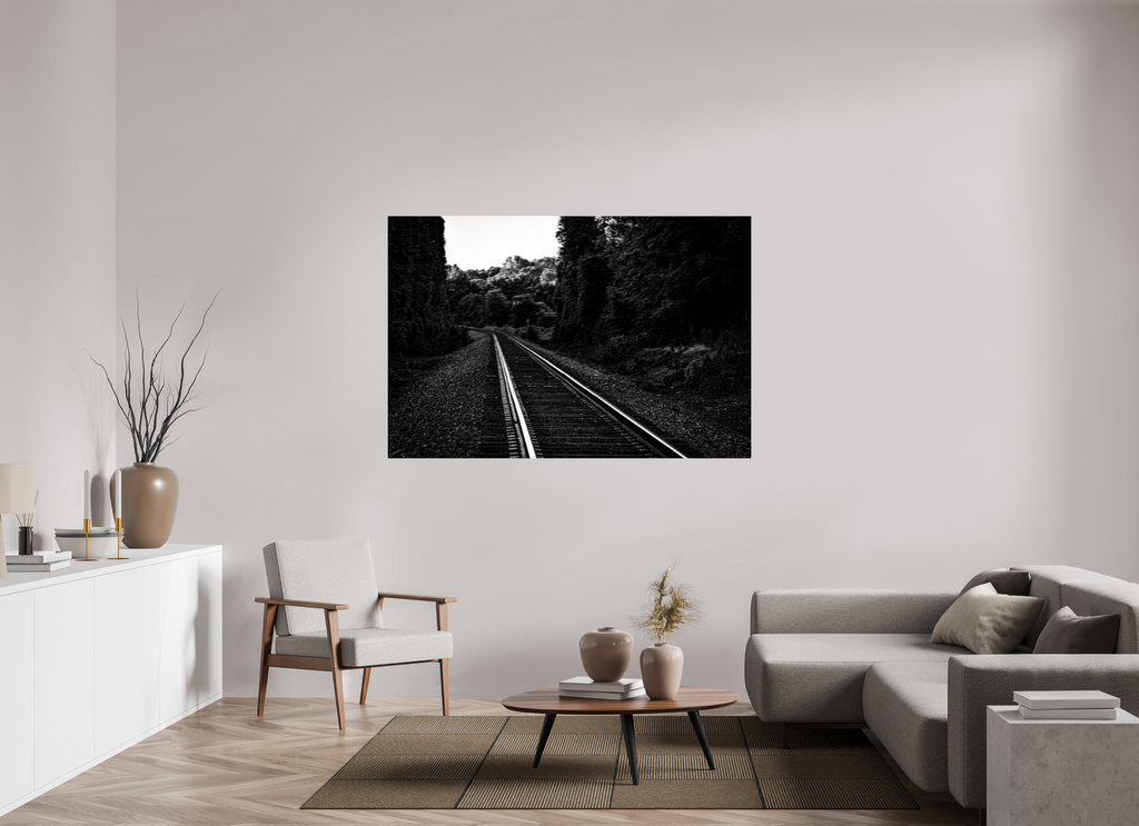 parallel paths monochrome railroad wall art photography