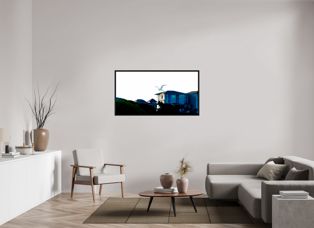 53.9 x 28″, Floater Frame White Egret Flying Over Coastal Beach House