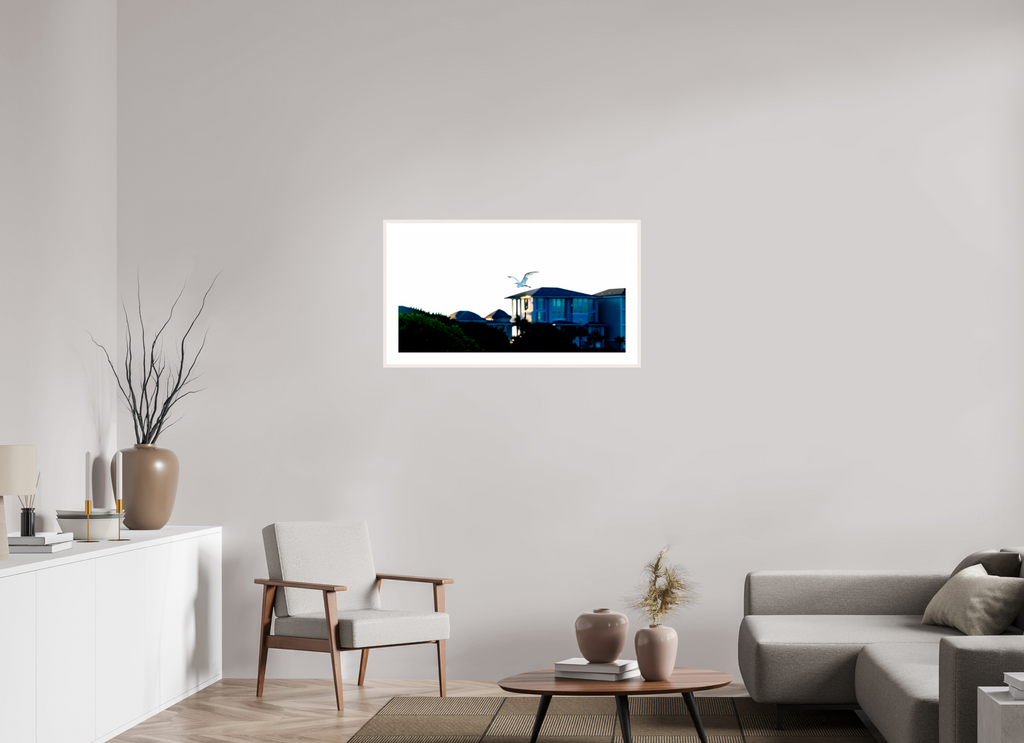 36.5 x 19″, Changeable Magnetic Frame White Egret Flying Over Coastal Beach House
