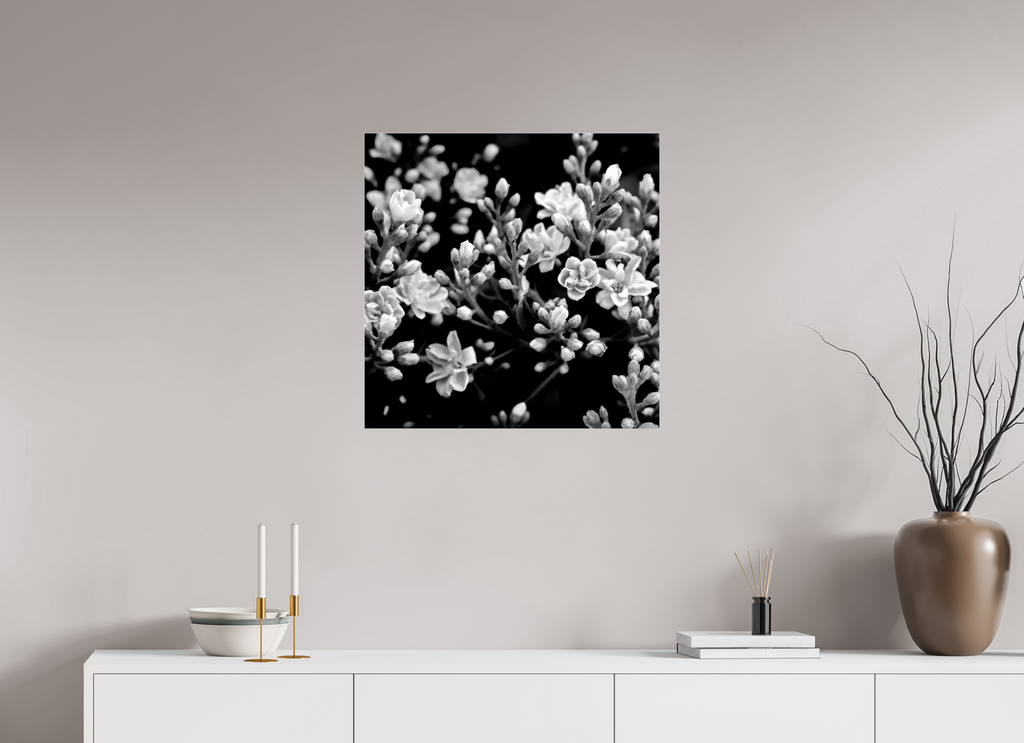25 x 25″, Photo Print Under Acrylic Glass Midnight Blossoms black and white floral fine art print
