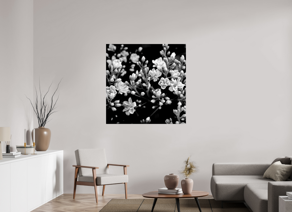 45 x 45″, Photo Print On Fuji Crystal DP II Midnight Blossoms black and white floral fine art print