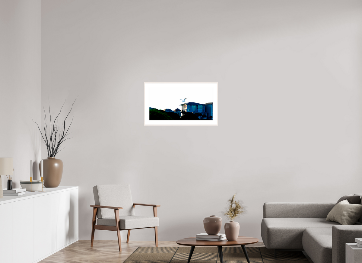 28.9 x 15″, Changeable Magnetic Frame White Egret Flying Over Coastal Beach House