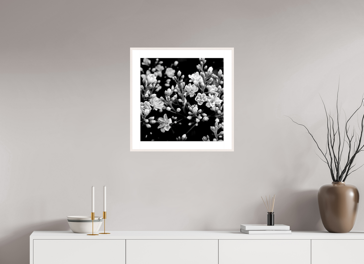 20 x 20″, Changeable Magnetic Frame Midnight Blossoms black and white floral fine art print