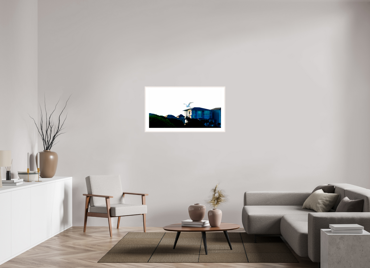 40.4 x 21″, Changeable Magnetic Frame White Egret Flying Over Coastal Beach House