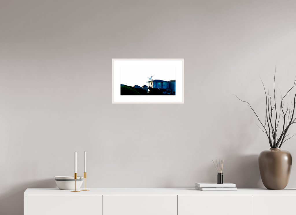 16.3 x 8.5″, Changeable Magnetic Frame White Egret Flying Over Coastal Beach House