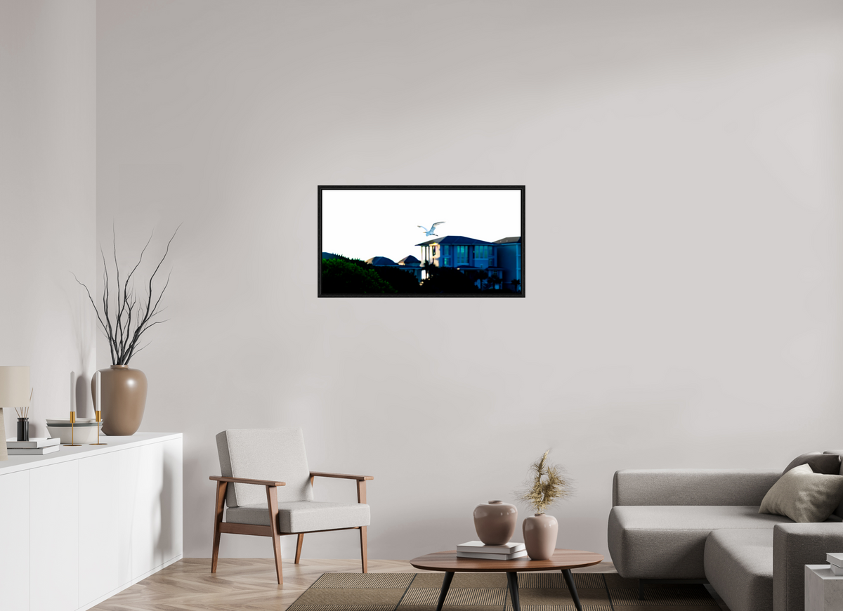 38.5 x 20″, Floater Frame White Egret Flying Over Coastal Beach House