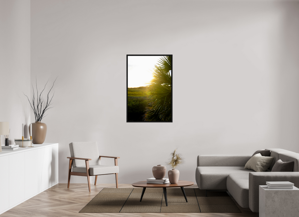 30 x 45″, Floater Frame Golden Hour Sunset Through Palm Fronds in Coastal Marshland