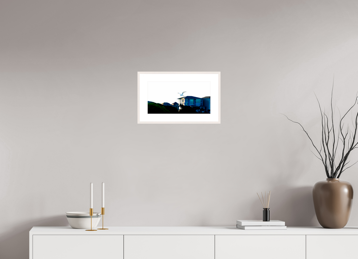 15.4 x 8″, Changeable Magnetic Frame White Egret Flying Over Coastal Beach House