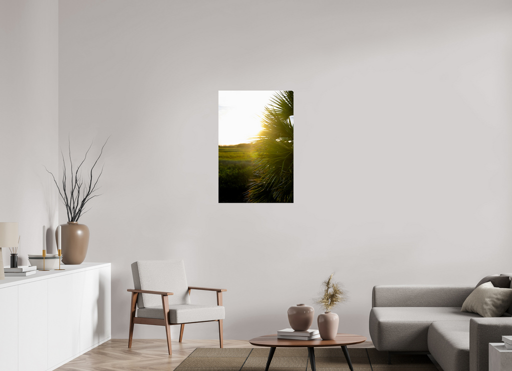 24 x 36″, Photo Print Under Acrylic Glass Golden Hour Sunset Through Palm Fronds in Coastal Marshland